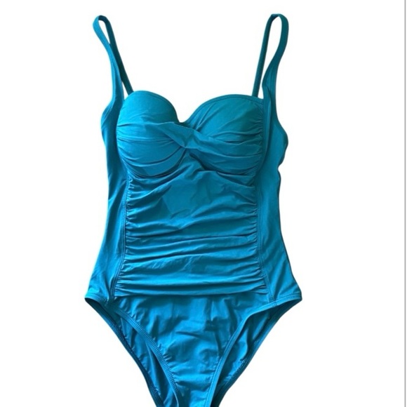 La Blanca Island Goddess Shirred Twist Turquoise One Piece Swimsuit sz 6 - Picture 2 of 9